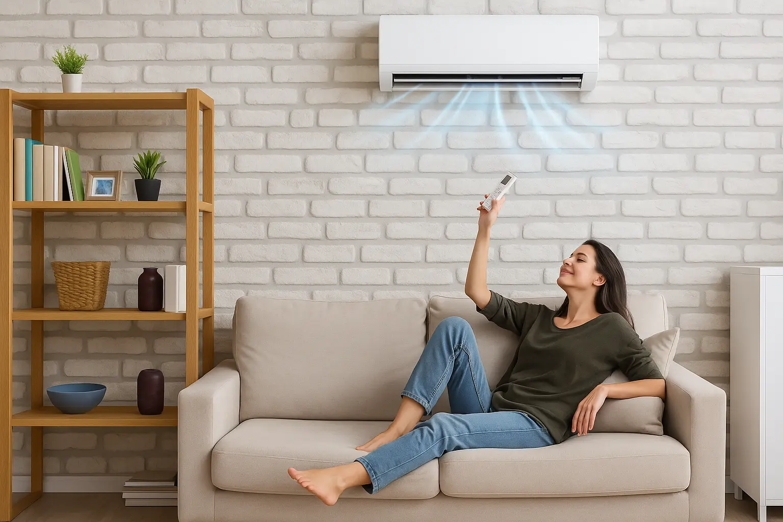 Woman relaxing under wall-mounted air conditioner at home