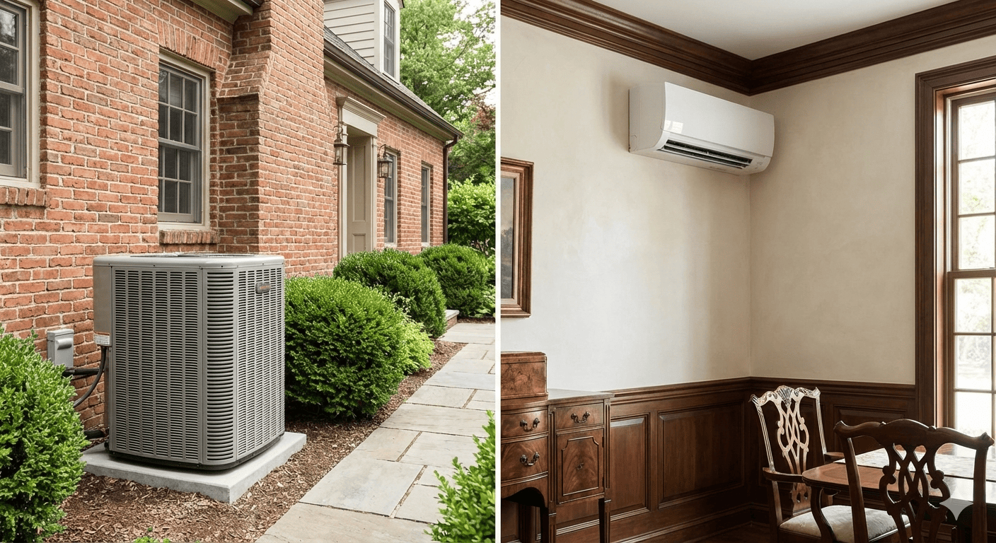 Central air conditioner outside a brick home and ductless mini-split unit inside a historic Brighton, NY house.