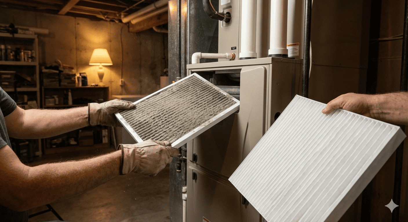 Technician replacing a dirty furnace filter with a clean one during winter HVAC maintenance