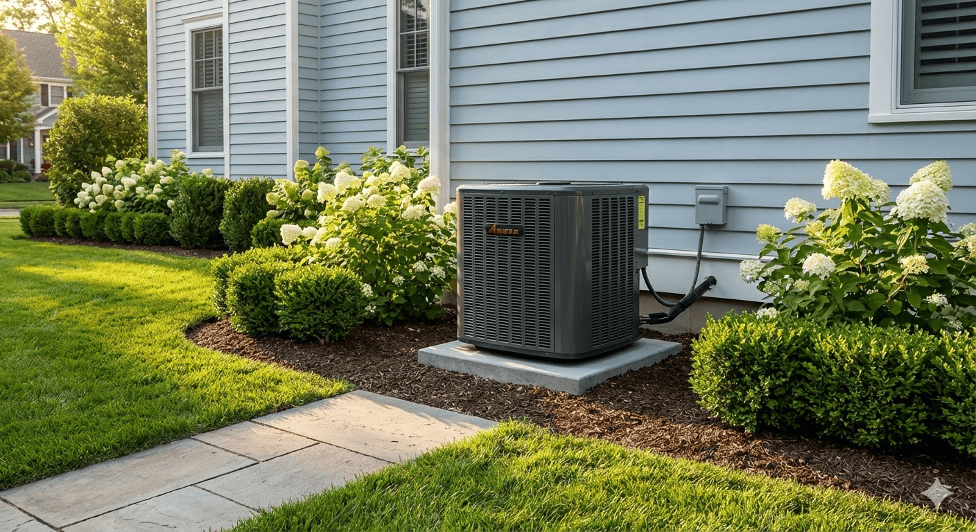 Outdoor AC unit in landscaped yard Rochester NY MGM Heating Cooling