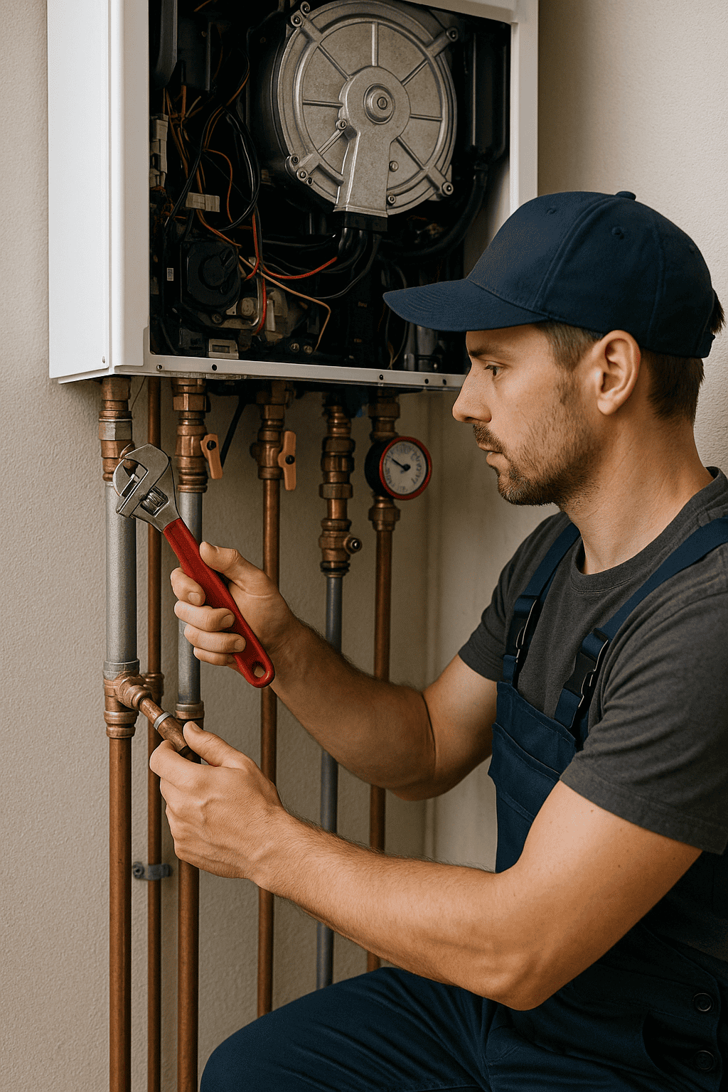 Licensed heating contractor from MGM Heating & Cooling diagnosing a noisy boiler in Pittsford, NY.