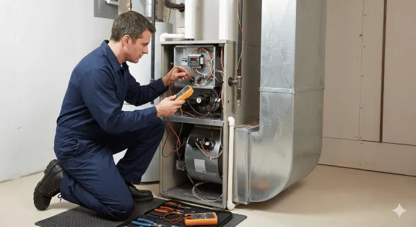 HVAC technician diagnosing furnace controls and heating system wiring