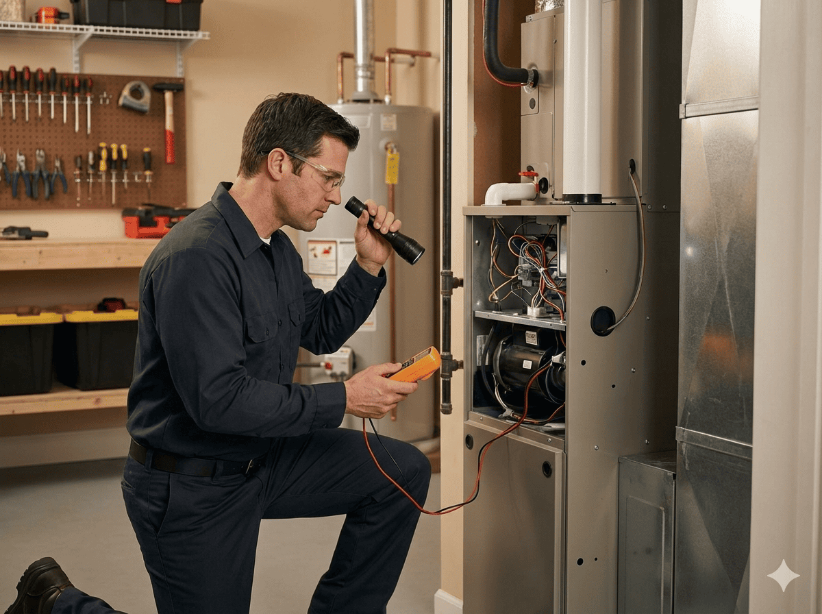 HVAC technician diagnosing a furnace