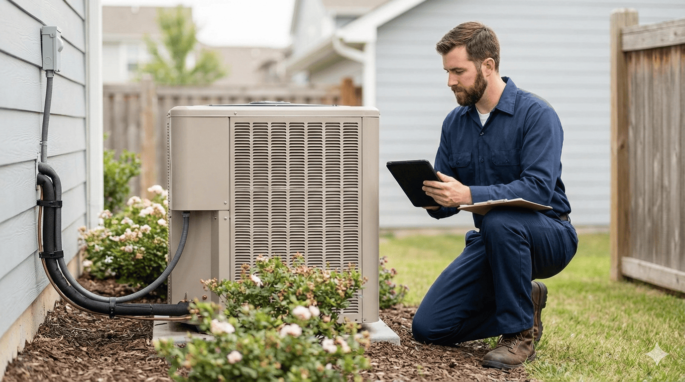 HVAC technician inspecting an outdoor AC unit to determine repair vs replacement in Greater Rochester, NY