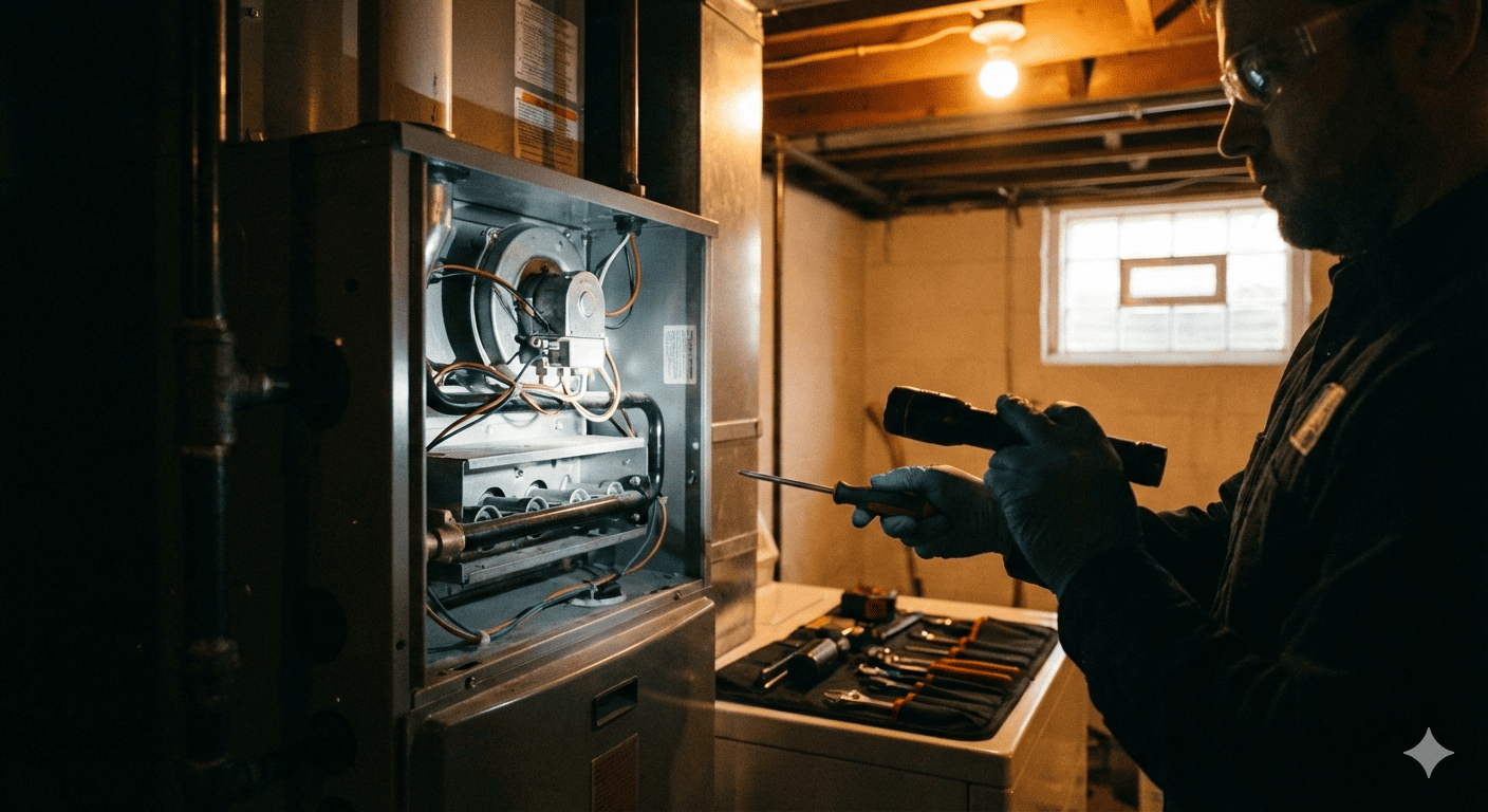 HVAC technician performing annual furnace maintenance in a Rochester, NY home