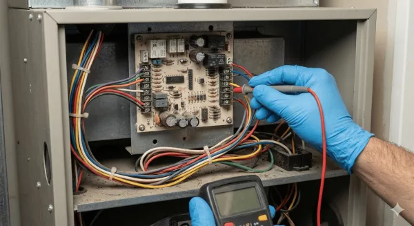 Technician inspecting furnace electrical connections with a multimeter during an annual HVAC tune-up