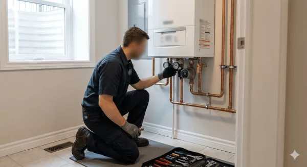 HVAC technician performing annual maintenance on a residential boiler and hydronic heating system