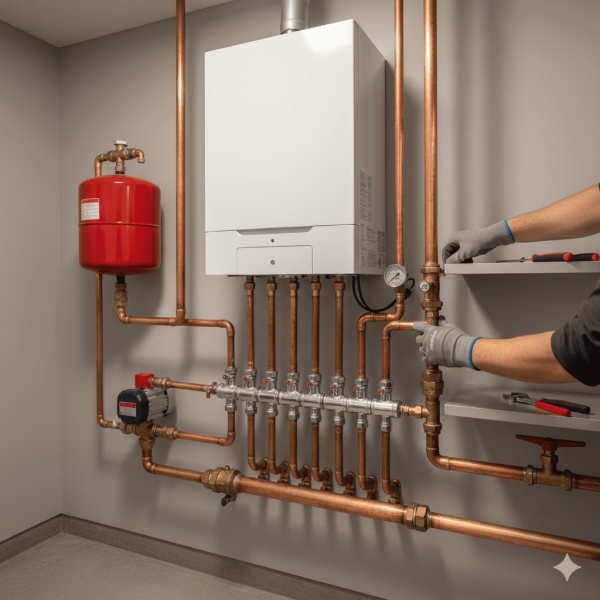 Residential boiler and hydronic heating piping in a basement mechanical room.