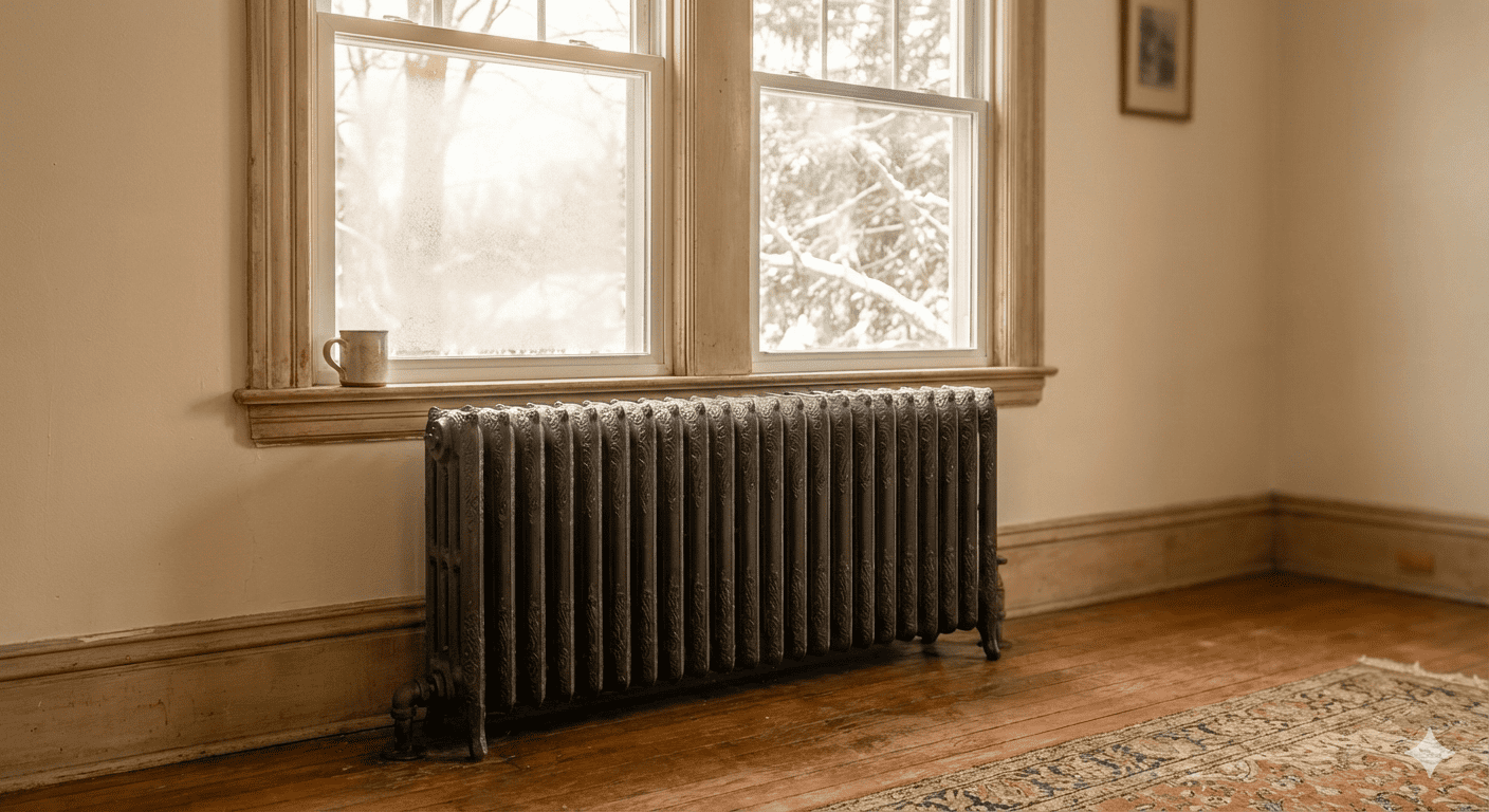 “Cast-iron radiator heating a historic home in Irondequoit, NY.”