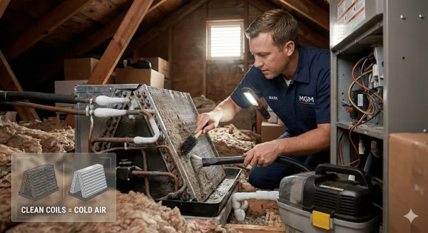 MGM HVAC technician cleaning dirty evaporator coil during AC professional inspection.