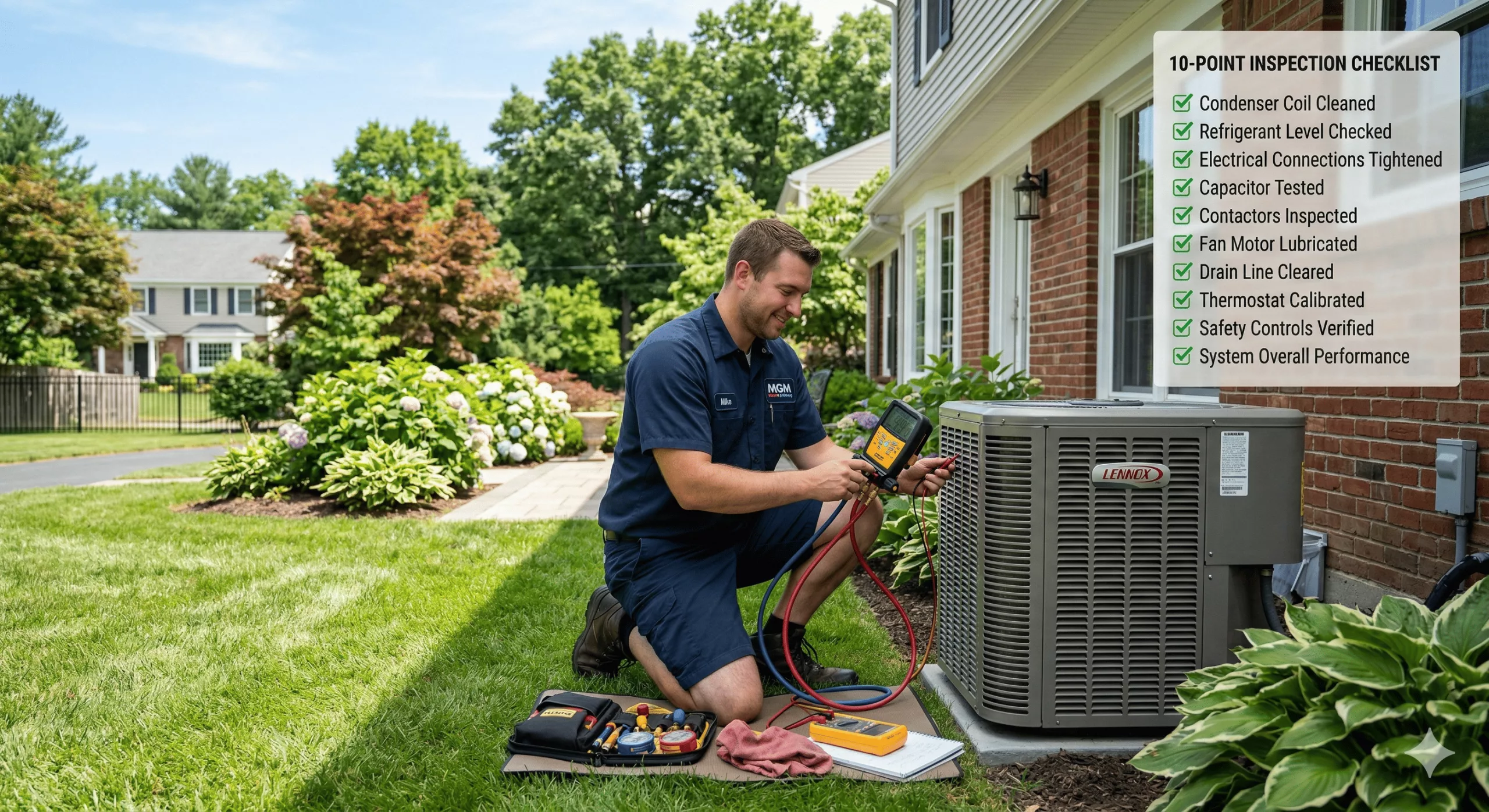 MGM Heating & Cooling technician performing an AC professional inspection checklist in a Pittsford NY home.