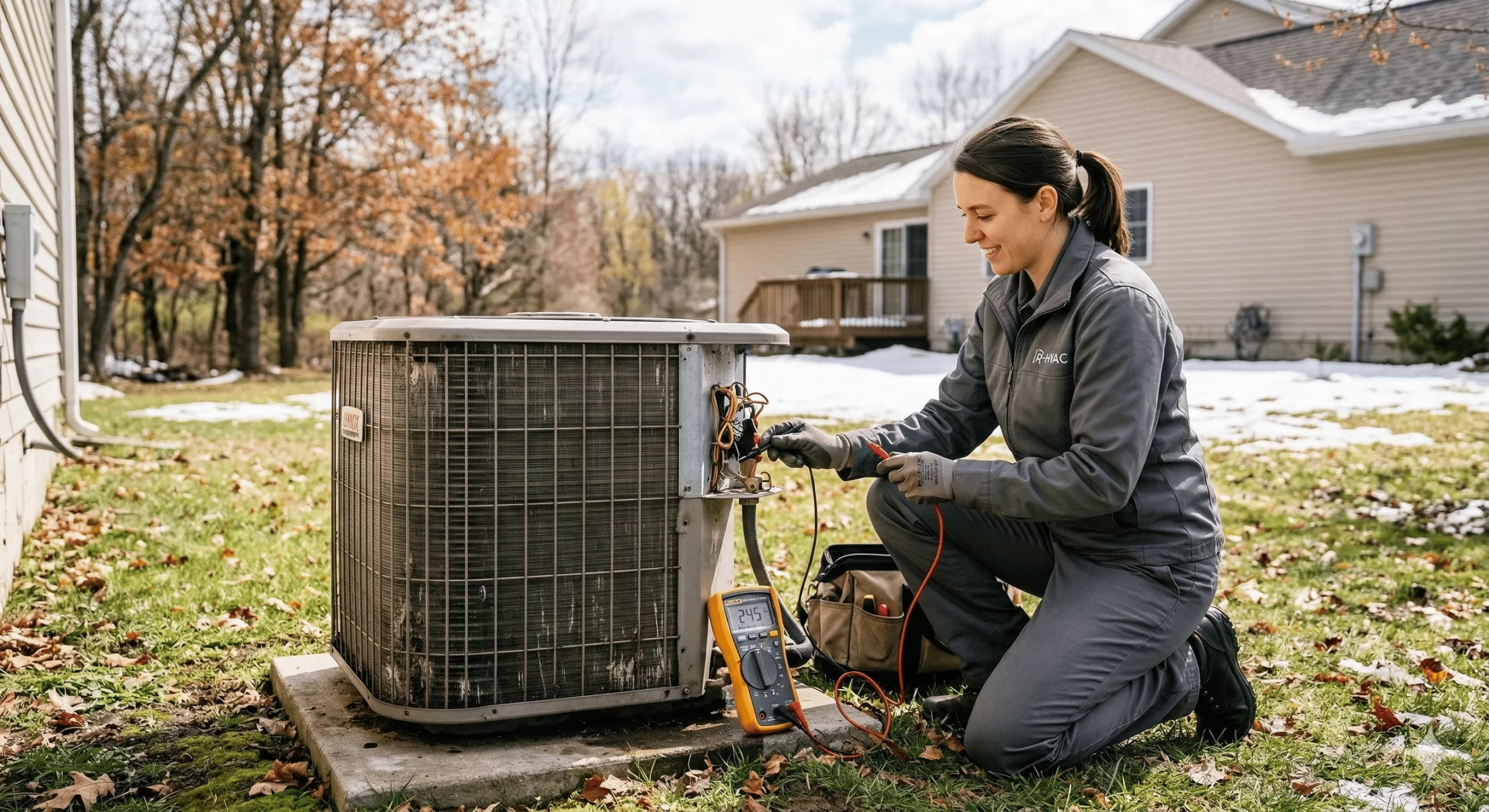 MGM HVAC technician diagnosing strange air conditioner noises in a Rochester NY backyard.