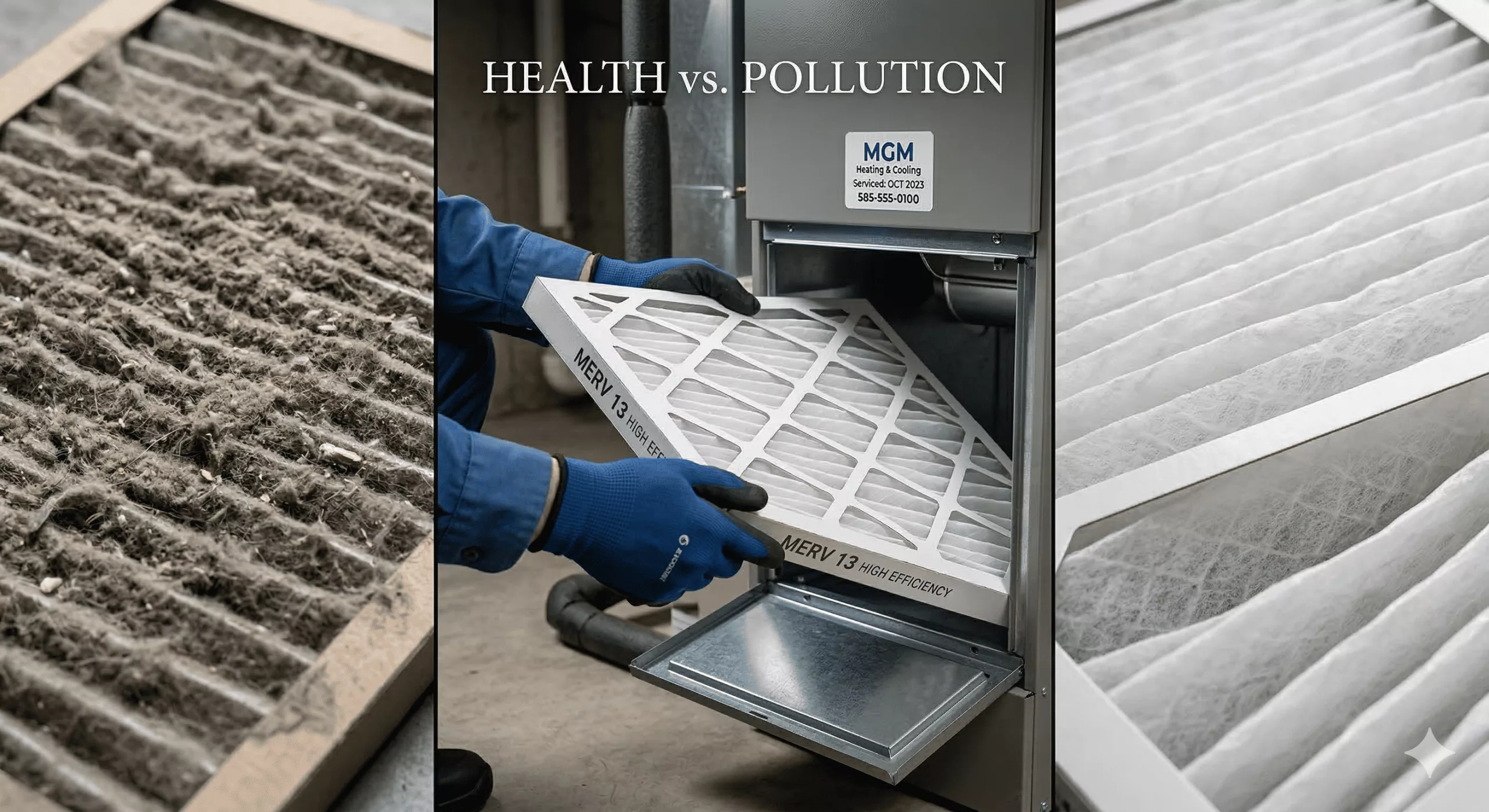 Comparison of a dirty HVAC filter and a new high-efficiency MERV 13 filter installed by MGM in Rochester NY