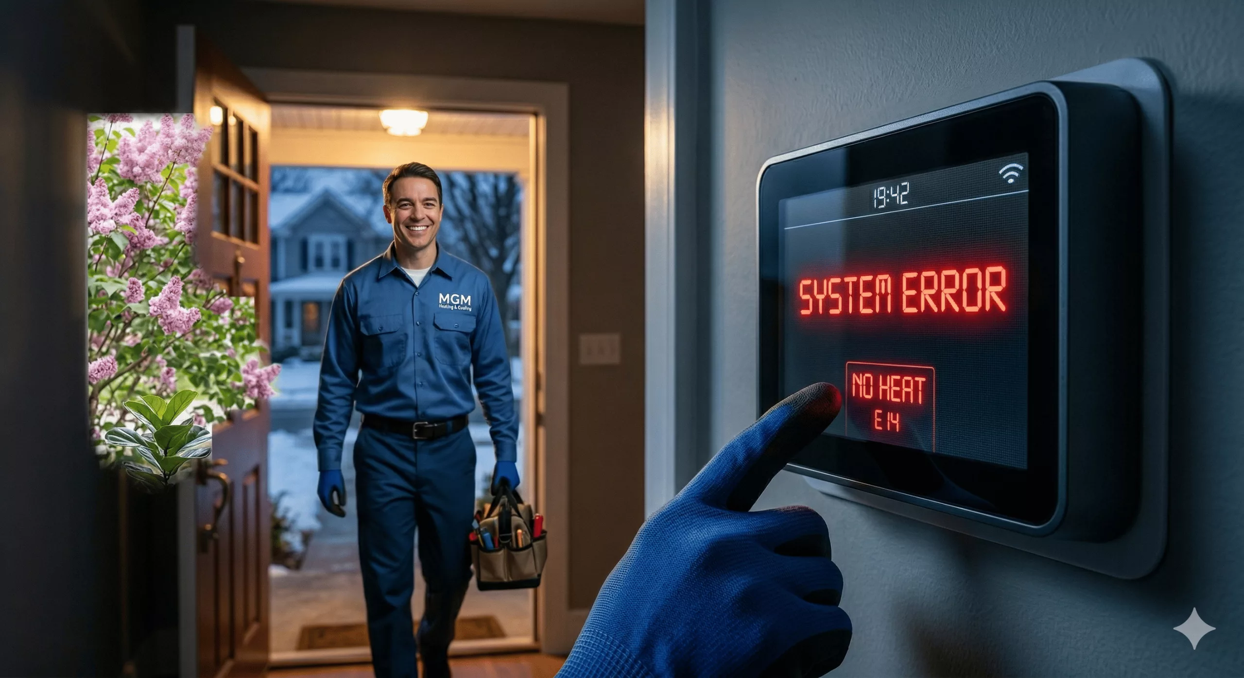 MGM technician arriving for emergency furnace repair in Rochester NY after a system error