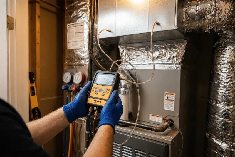 HVAC technician performing a ductwork integrity check for a hybrid heating system in Monroe County