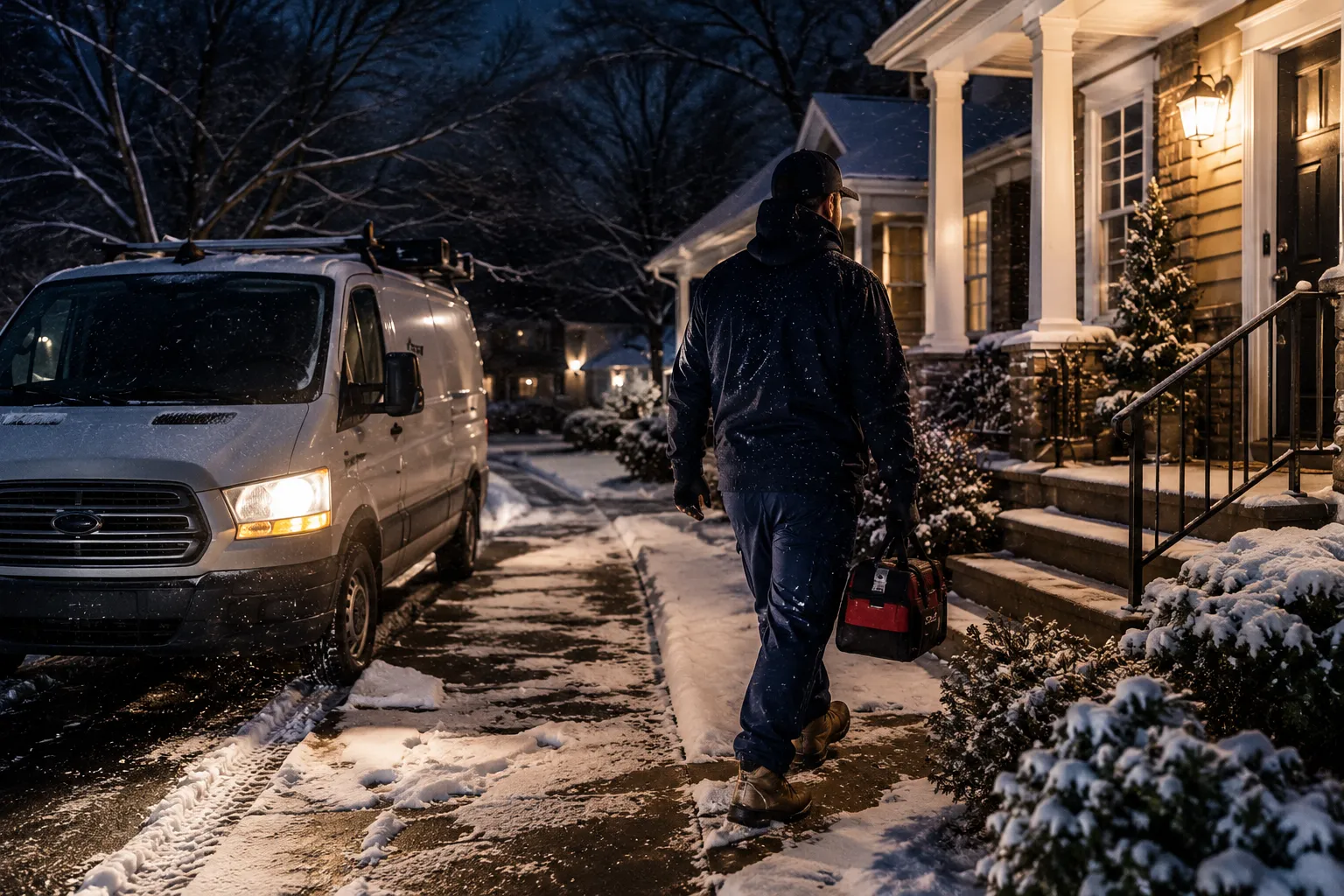 Emergency HVAC technician arriving at a Rochester NY home during a winter service call